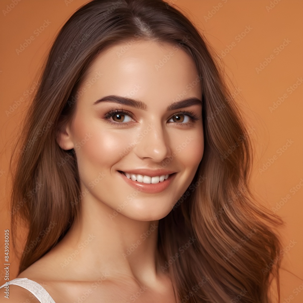 Obraz premium Pretty european beauty woman long hair with makeup glowing face and healthy facial skin portrait smile on isolated light orange background