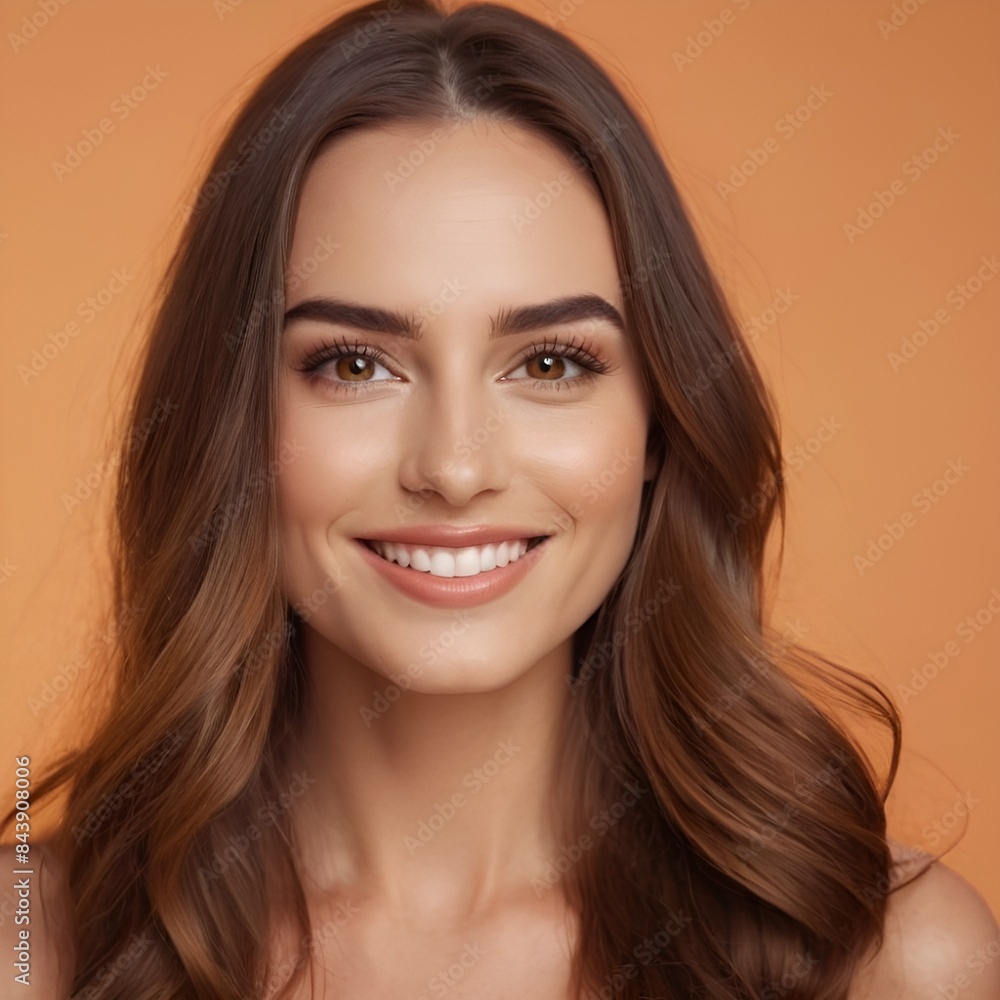Fototapeta premium Pretty european beauty woman long hair with makeup glowing face and healthy facial skin portrait smile on isolated light orange background