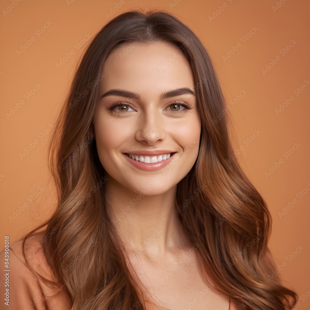 Fototapeta premium Pretty european beauty woman long hair with makeup glowing face and healthy facial skin portrait smile on isolated light orange background