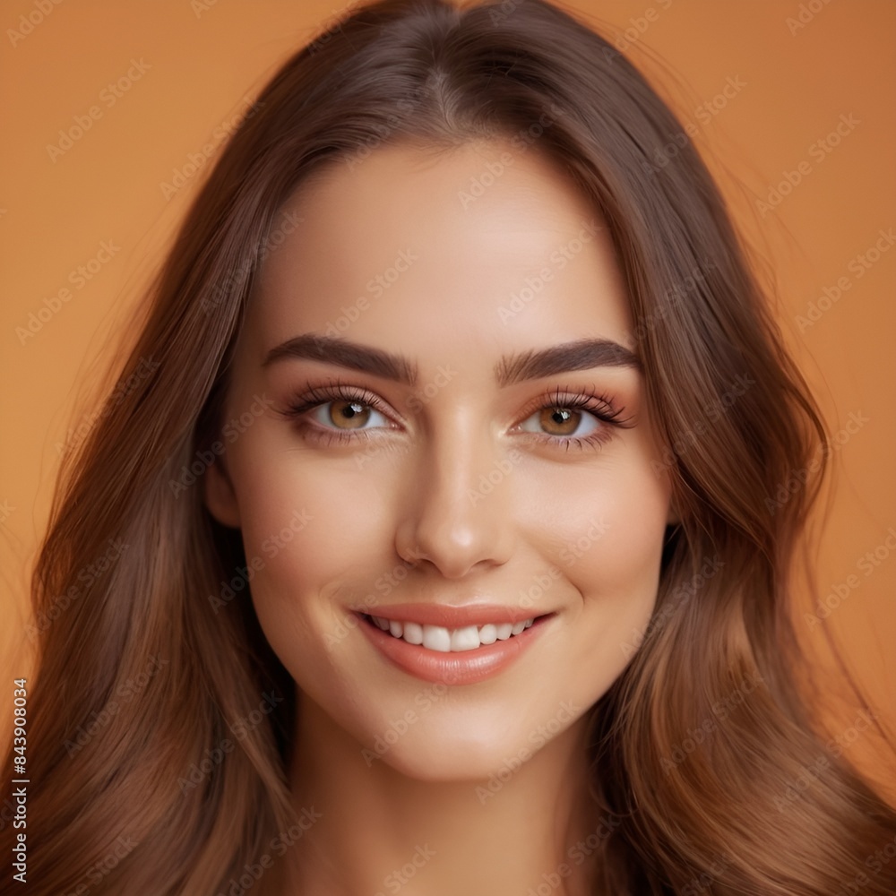Pretty european beauty woman long hair with makeup glowing face and healthy facial skin portrait smile on isolated light orange background Pretty european beauty woman long hair with makeup glowing face and healthy facial skin portrait smile on isolated light orange background