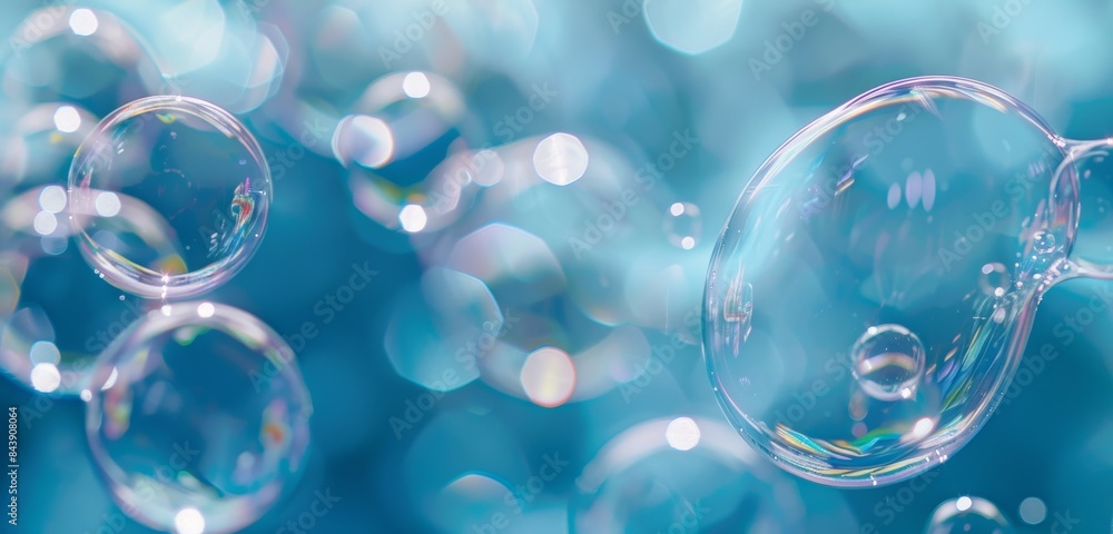 A closeup of transparent soap bubbles floating in the air against a blue background A closeup of transparent soap bubbles floating in the air against a blue background