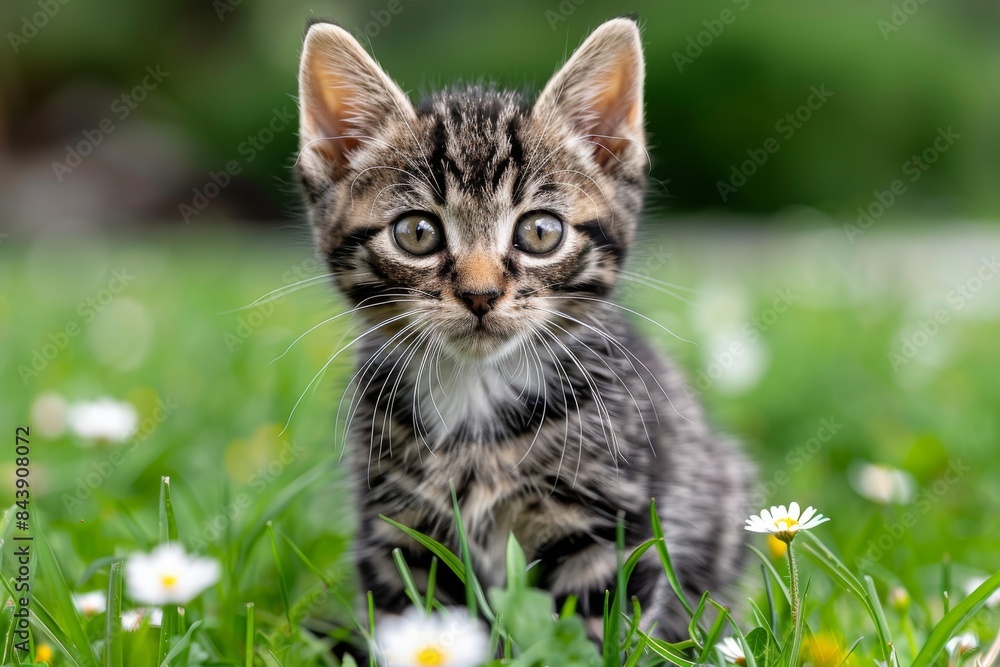Tabby Kitten Sitting in Green Grass With White Flowers Tabby Kitten Sitting in Green Grass With White Flowers