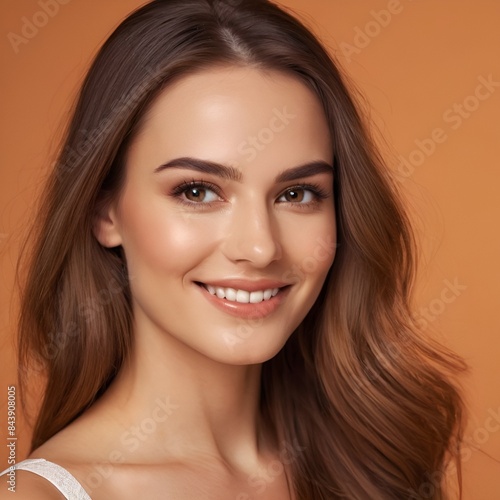 Pretty european beauty woman  long hair with makeup glowing face and healthy facial skin portrait smile on isolated light orange background