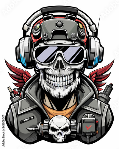 Military skull drone operator with both hands in big VR glasses and remote control. the evil smile on his angry skull face vector illustration 