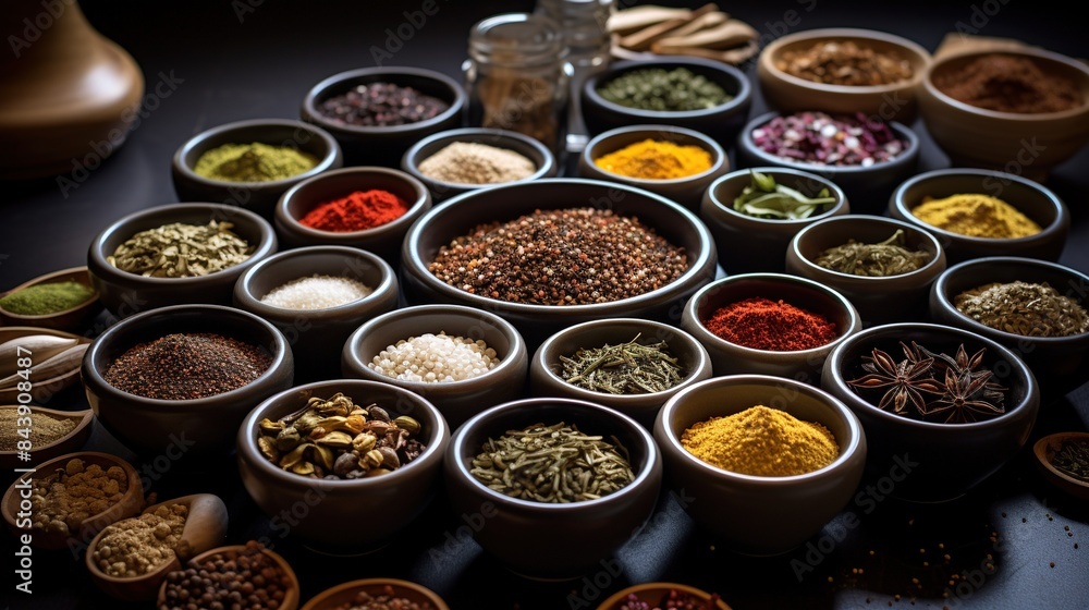 Spice and seasoning kit with a variety of spices, herbs, and spice bowls Spice and seasoning kit with a variety of spices, herbs, and spice bowls