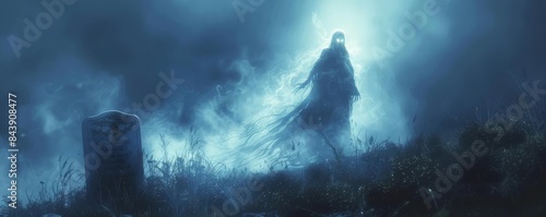halloween graveyard ghost A ghostly figure hovering above a tombstone