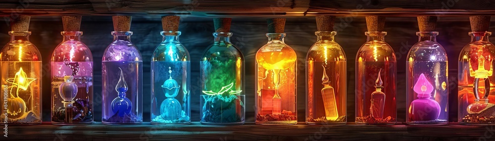 halloween potions Shelves filled with colorful potion bottles in a witchs lair halloween potions Shelves filled with colorful potion bottles in a witchs lair