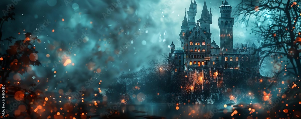 Fototapeta premium Haunted Castle Focus on a spooky castle with eerie lights, with a dark, stormy background, empty space right for text