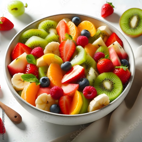 A bowl of healthy fresh fruit salad on a white background