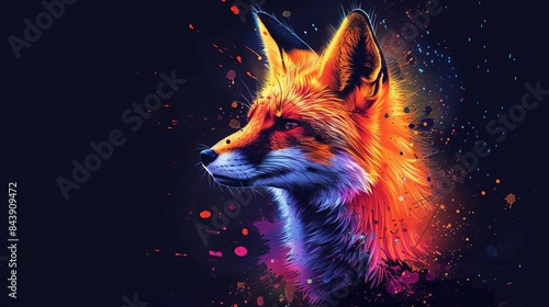 neon fox black background pop art Illustration of a fox in neon colors on a black background in the pop art style and splatters of watercolor paint