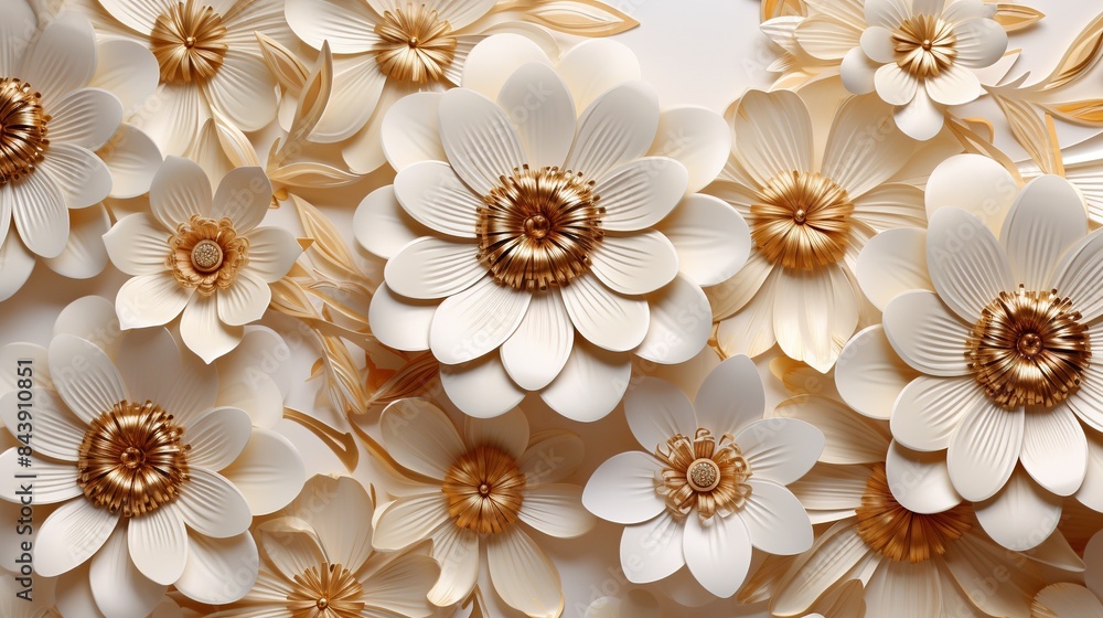 3D mural wallpaper flowers in gold and cream colors, Mural wallpaper high quality on white background 3D mural wallpaper flowers in gold and cream colors, Mural wallpaper high quality on white background