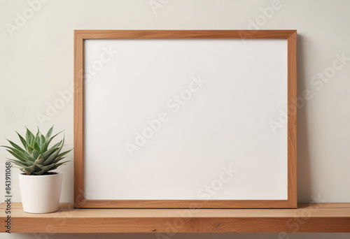 A wooden frame with a blank white canvas or poster on a wooden shelf mock up decorate