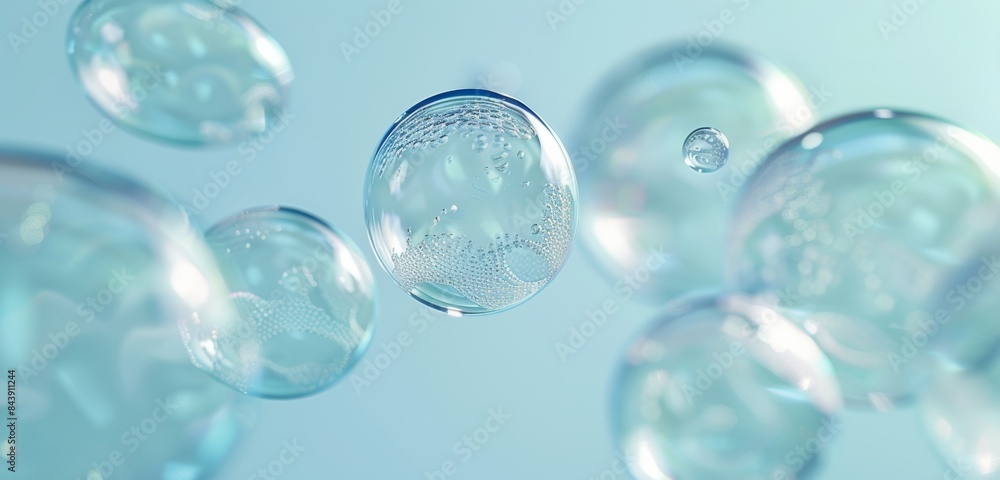 A closeup of transparent soap bubbles floating in the air against a blue background A closeup of transparent soap bubbles floating in the air against a blue background