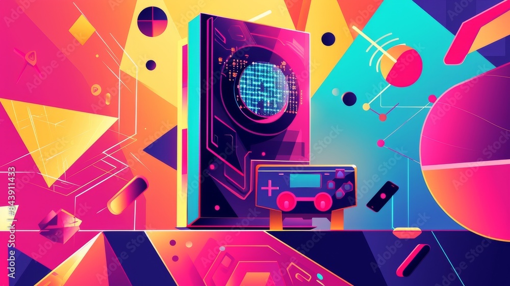 An illustration of a gaming console of the future, where a neural network analyzes game data and offers personalized recommendations for players, against a backdrop of bright geometric shapes --no An illustration of a gaming console of the future, where a neural network analyzes game data and offers personalized recommendations for players, against a backdrop of bright geometric shapes --no