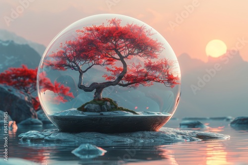 Glass sphere containing an island with a red bonsai tree, the moon is in the sky behind it photo