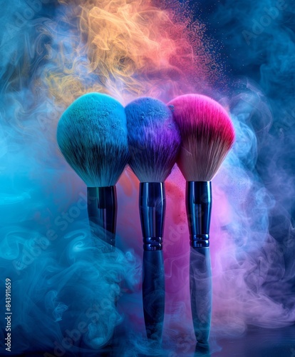 Cosmetic brushes are lined up against a backdrop of a colorful palette of powder paints. Concept: materials on makeup, beauty and style.