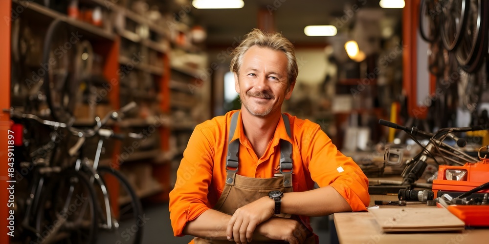 Man in bicycle shop with arms crossed isolated on white background. Concept Cycling, Bicycle Shop, Man, Arms Crossed, Isolated Background Man in bicycle shop with arms crossed isolated on white background. Concept Cycling, Bicycle Shop, Man, Arms Crossed, Isolated Background