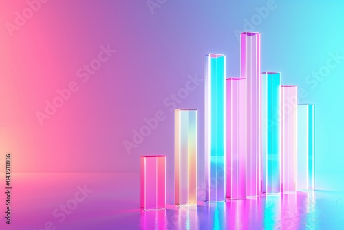 A glowing neon bar graph and bar chart with data points isolated on a pastel background