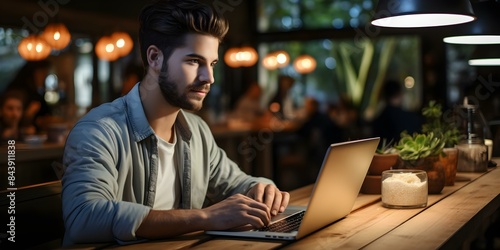 A man freelancing on a laptop in a coffee shop. Concept Work-from-Cafe, Freelancer Lifestyle, Digital Nomad, Productivity Tips, Coffee Shop Working photo