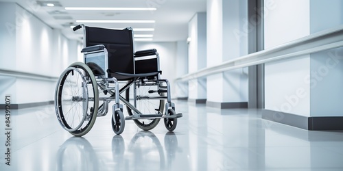 Wheelchair in the hospital clinic hall corridor background scene photo