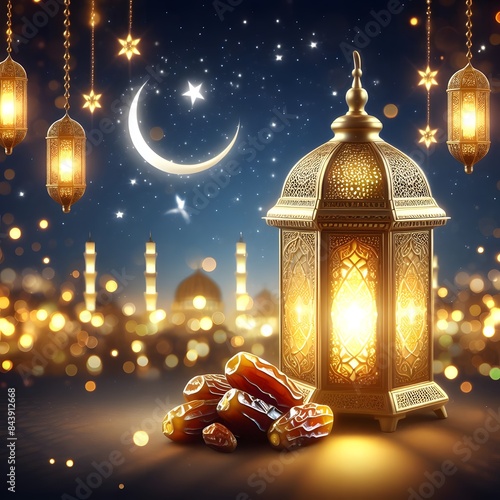 Muslim holiday of Ramadan Kareem, a golden lantern and dates fruit are displayed against a night sky and city background lit by bokeh lights.4