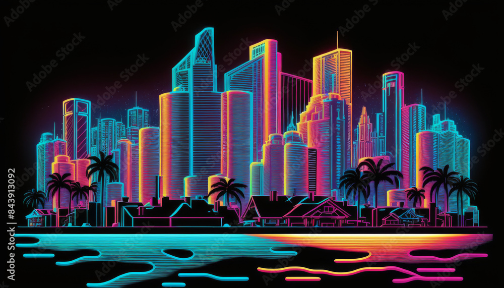 Fototapeta premium Skile of miami beach neon vector