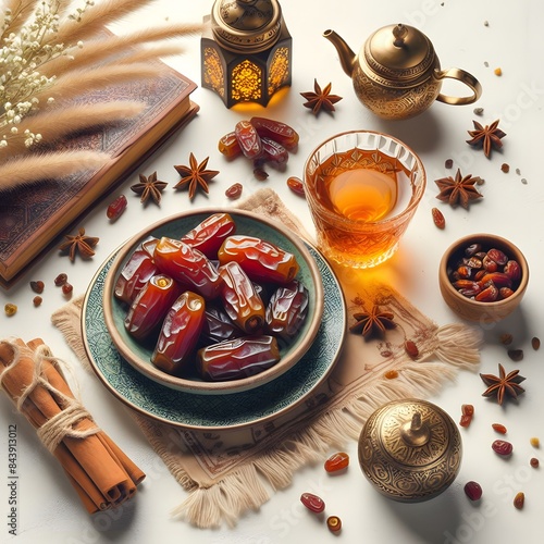 top view tea glass with dates fruit on islamic ramadan kareem and new year white background5