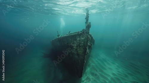 A submerged vessel s mast protruding from the surface of the water photo