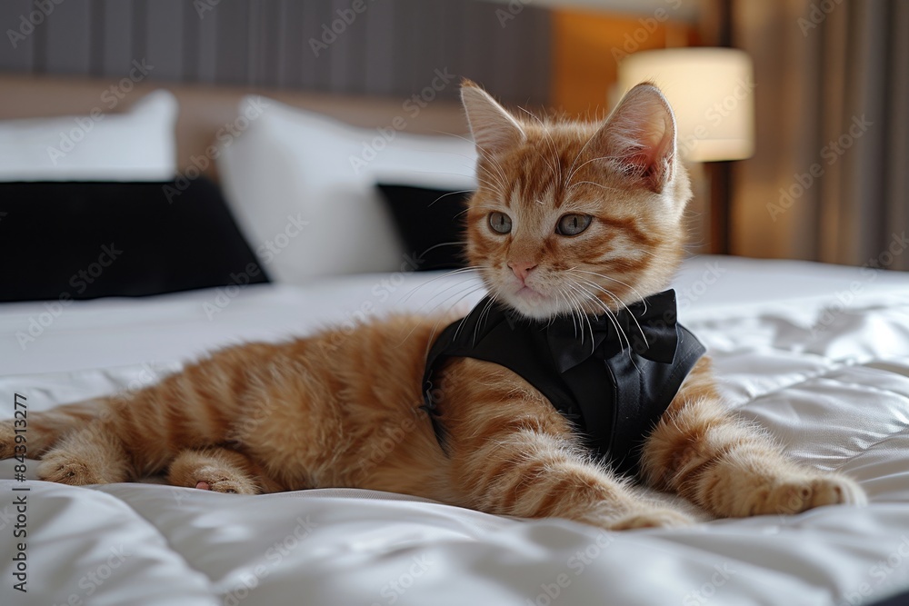 Orange Tabby Kitten Dressed In Bowtie On Hotel Bed Orange Tabby Kitten Dressed In Bowtie On Hotel Bed