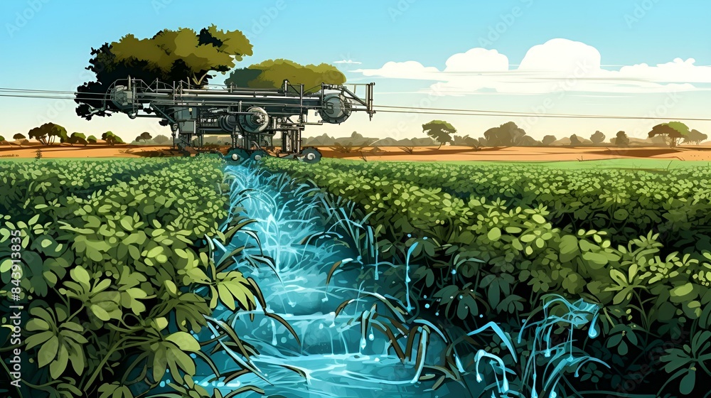 Fototapeta premium A picturesque farm with a stream flowing through it,