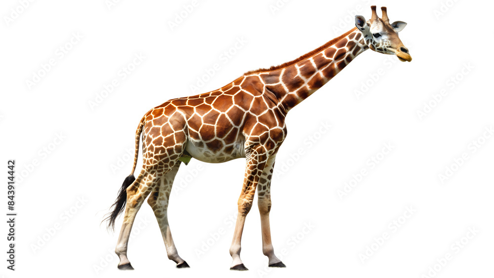 Obraz premium a giraffe standing against a white background. The giraffe has a distinctive pattern of large, brown spots outlined with white lines on its body