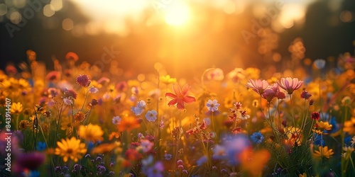 Golden sunlight bathes a meadow in vibrant wildflowers. Concept Nature, Sunlight, Meadow, Wildflowers, Vibrant photo