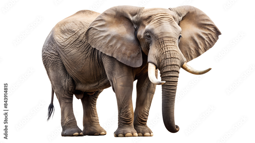 Fototapeta premium a full-bodied African elephant standing against a plain, light background. The elephant faces slightly to the left