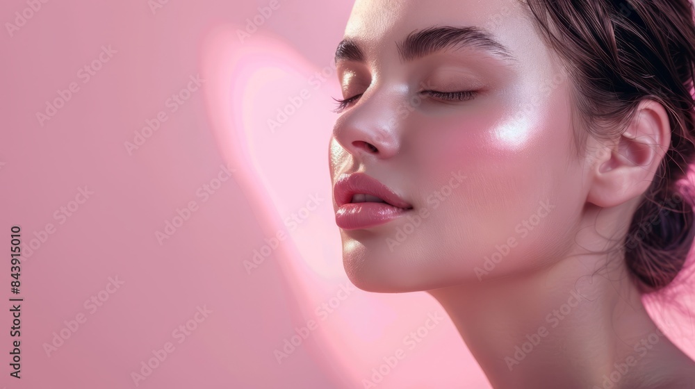 Close-up of a young woman's face on a pink background, beauty concept for women skin care advertising banner, copy space Close-up of a young woman's face on a pink background, beauty concept for women skin care advertising banner, copy space
