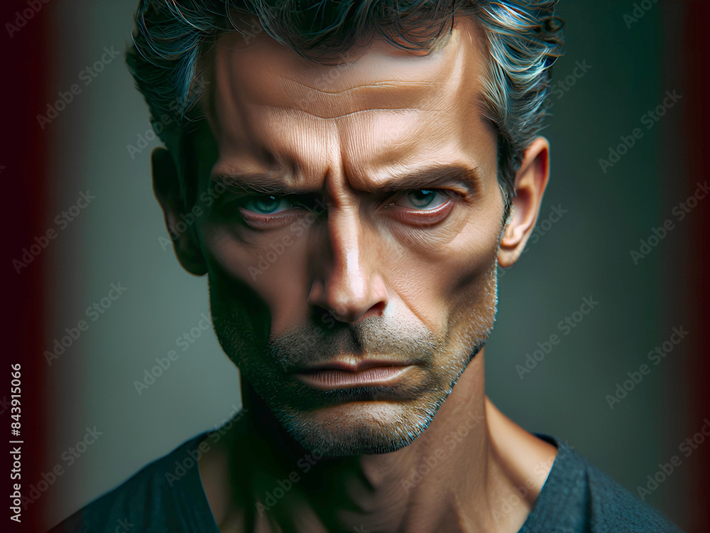 portrait of an angry middle-aged man with short graying hair and a stern, tense expression portrait of an angry middle-aged man with short graying hair and a stern, tense expression