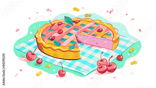 Colorful Illustrated Cherry Pie with One Slice Removed on Checkered Cloth