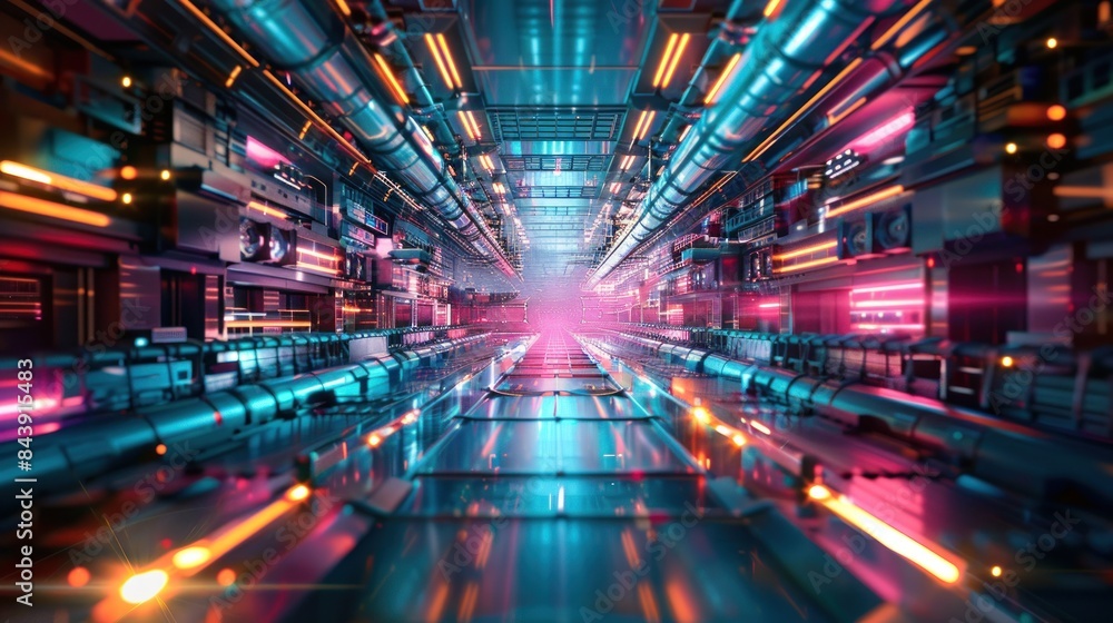 Obraz premium Technology long pipe hallway time travel with digital neon cyber light Background wallpaper AI generated image