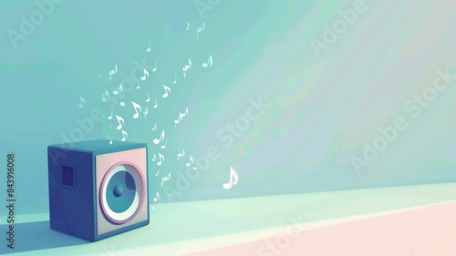 a minimalist flat 3D vector style speaker on the left side of a widescreen canvas, with a few simple geometric music notes emerging from it and floating across to the right, creating a dynamic flow of