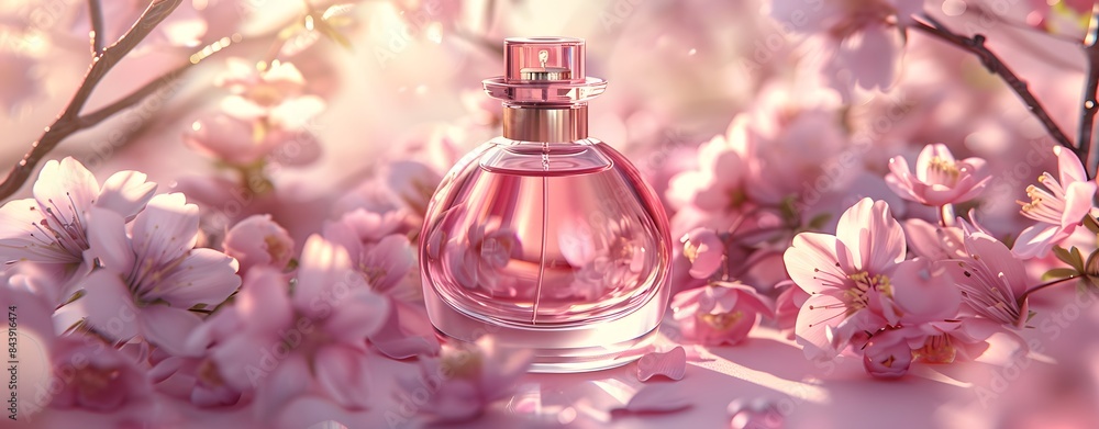 Glossy glass perfume bottle with pink liquid, surrounded by delicate cherry blossoms on a pastel background
Glossy glass perfume bottle with pink liquid, surrounded by delicate cherry blossoms on a pastel background