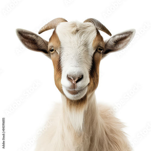 A goat with a white face and brown spots is staring at the camera photo