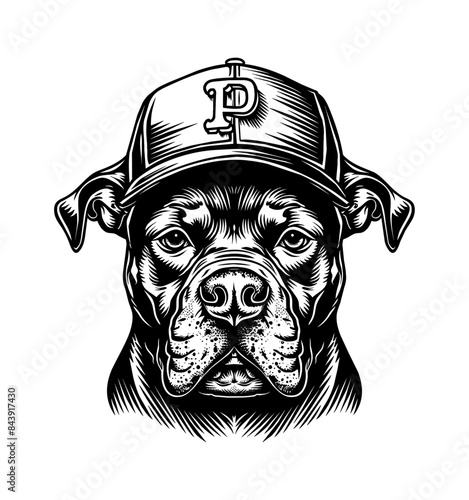 pitbull, wears baseball hat cap engraving black and white outline