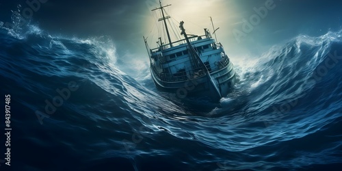 Navigating the dangers of a sinking ship in stormy seas. Concept Survival skills, Marine emergencies, Disaster preparedness, Crisis management, Maritime safety photo