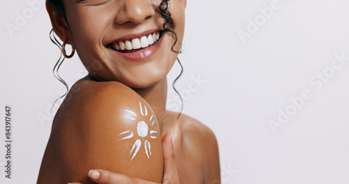 Bild auf Leinwand Lotion, sunscreen and shoulder of woman in studio with moisturizing, health and skincare routine