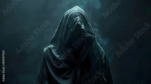  mysterious hooded figure wearing dark , isolated on a black background with copy space