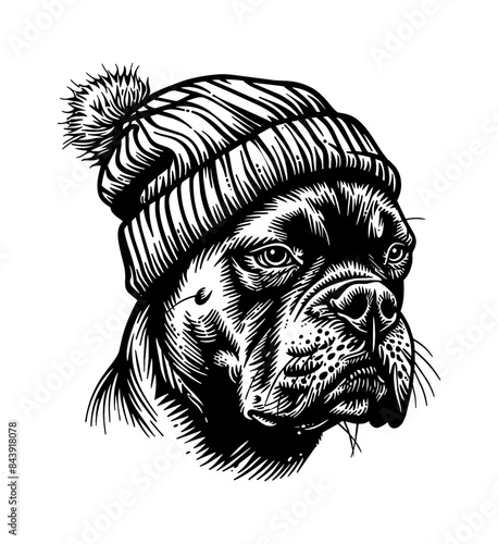 pitbull, wears beanie hat engraving black and white outline