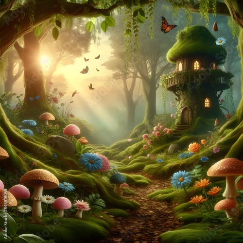 Fantastic wonderland forest landscape with mushrooms and flowers