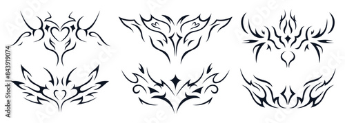 Set of neo tribal tattoos in cyber sigilism style. Black celtic gothic cyber body ornament shapes collection. Y2k concept.
