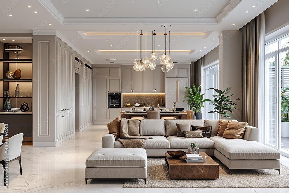 Panorama of luxury living room and dining area with sofa,armchair