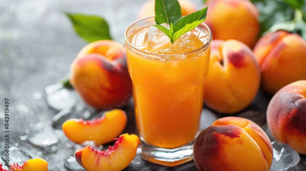 Ripe peaches and a chilled glass of juice with ice on a gray surface Close up view Ripe peaches and a chilled glass of juice with ice on a gray surface Close up view
