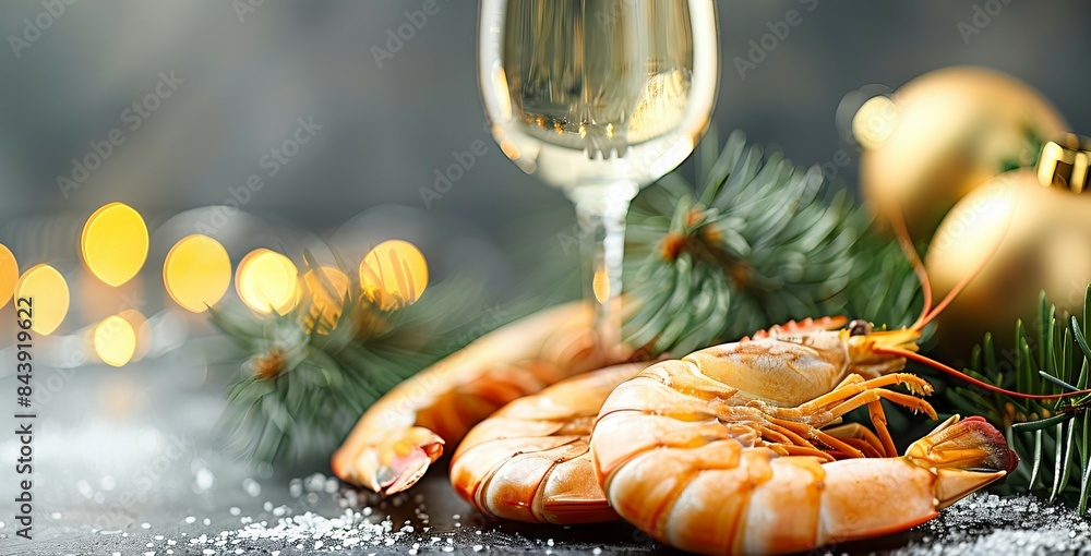 Festive table with a glass of champagne and a plate of fresh shrimp against the backdrop of Christmas decorations and twinkling lights. Festive table with a glass of champagne and a plate of fresh shrimp against the backdrop of Christmas decorations and twinkling lights.